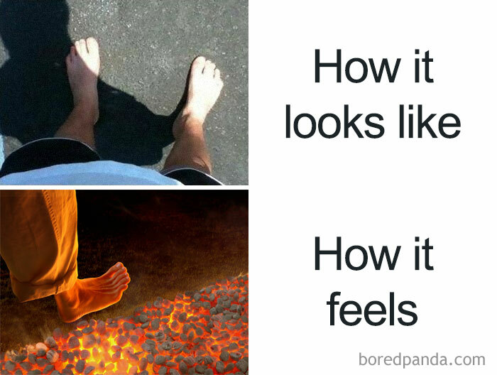 Summer meme comparing walking on hot pavement to coals, with text "How it looks like" and "How it feels."
