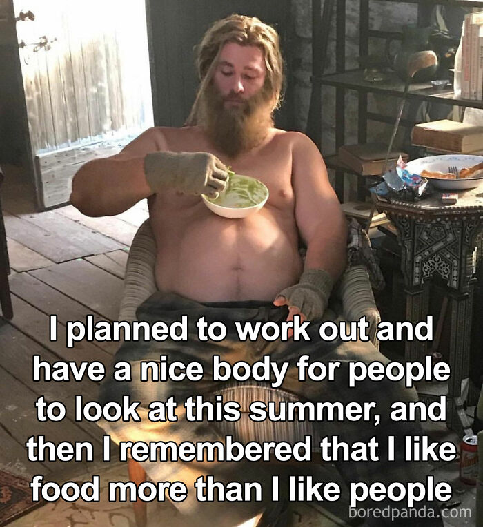 Man relaxing with food, humorous take on working out for summer body goals, embracing love for food, funny meme.
