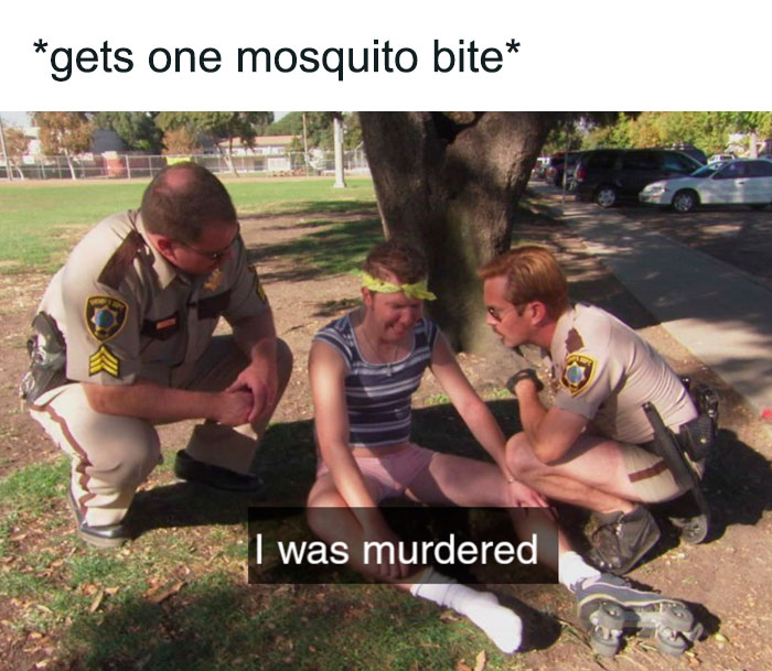 Two officers humorously tend to a person claiming "I was m******d" in a summer meme scene.