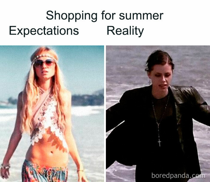 Two-panel meme: left shows a glam beach look; right shows a soggy, disappointed beachgoer. Summer humor.