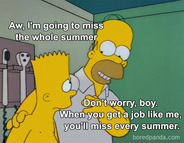 Characters sharing a funny summer meme about missing vacation due to work.