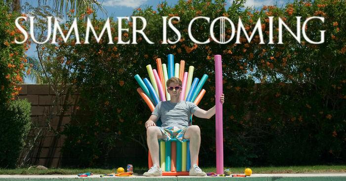 Man sitting on pool noodle throne with "Summer is Coming" text; a humorous summer meme.