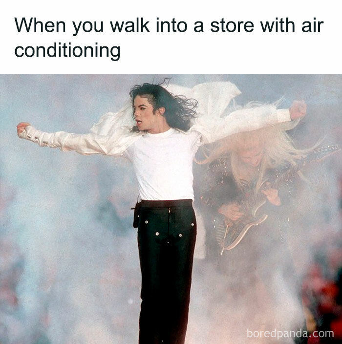 Funny meme showing a performer with arms outstretched, captioned about entering an air-conditioned store.
