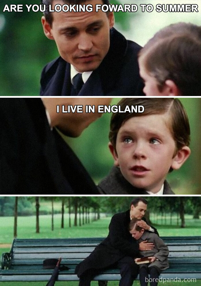 Funny summer meme with two men, one asking about summer plans, the other replies he lives in England, humorously disappointed.