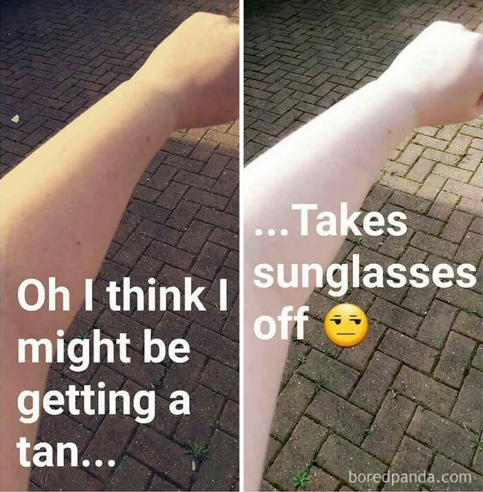 Funny meme comparing a tan with and without sunglasses, showing the difference in skin tone perception.