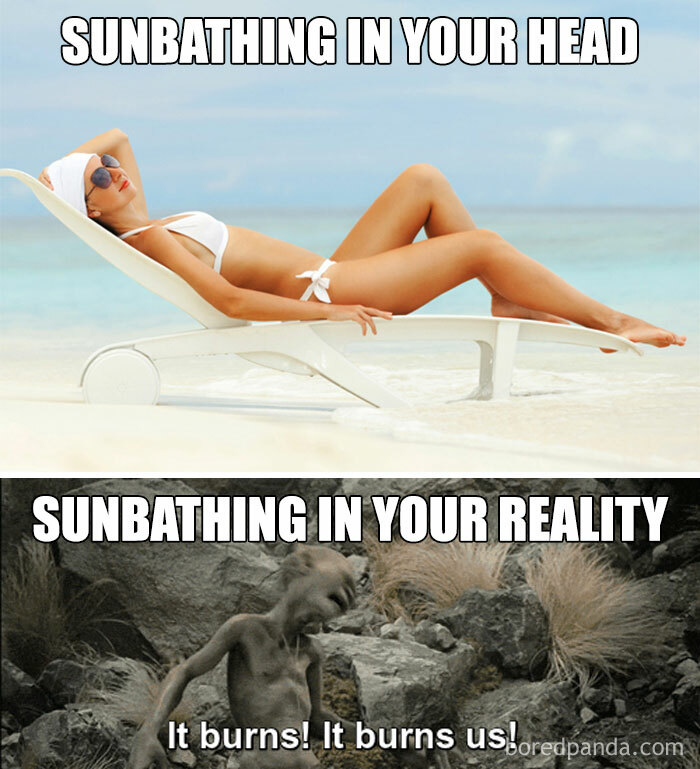 "Funny summer meme showing expectation vs reality of sunbathing with beach scene and a character in discomfort."