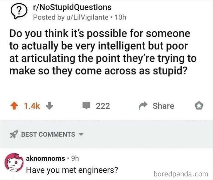 Reddit post humorously questions intelligence and communication, with a witty comment about engineers, blending humor with knowledge.