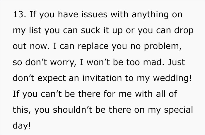 Lunatic Bride Sends Out A List Of Crazy Rules To Her Bridesmaids And People Don't Even Know What To Say Lunatic Bride Sends Out A List Of Crazy Rules To Her Bridesmaids And People Don't Even Know What To Say