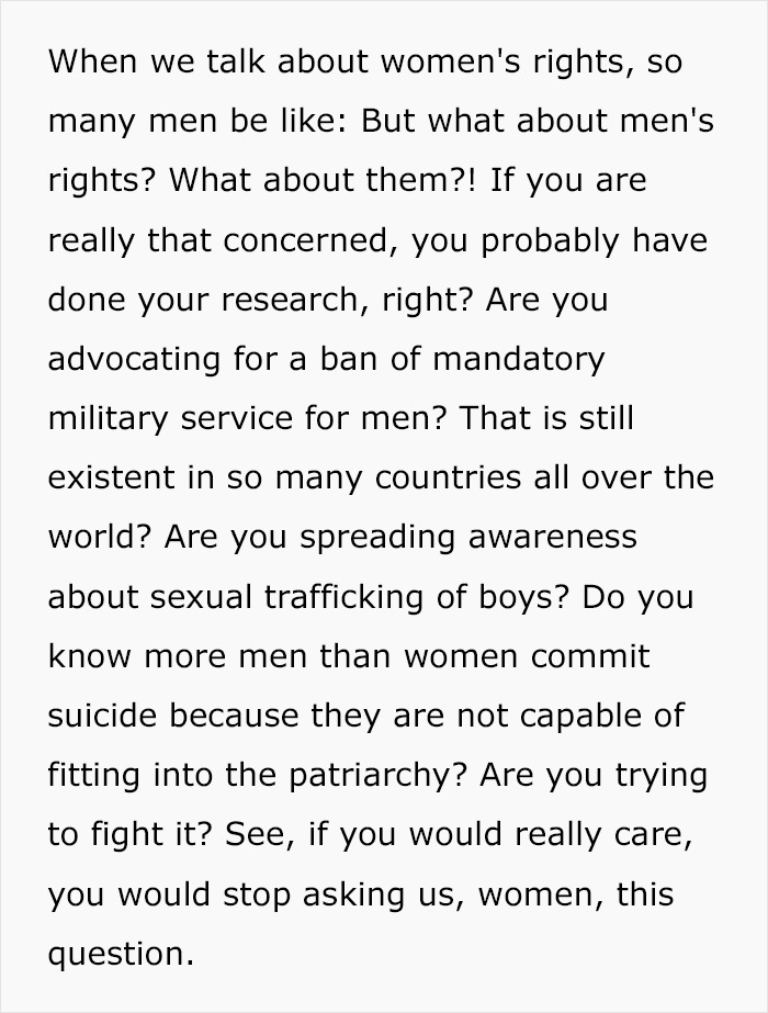 Woman Gives A Perfect Example On How To Respond When A Misogynist Asks You 'But What About Men's Rights?' Woman Gives A Perfect Example On How To Respond When A Misogynist Asks You 'But What About Men's Rights?'