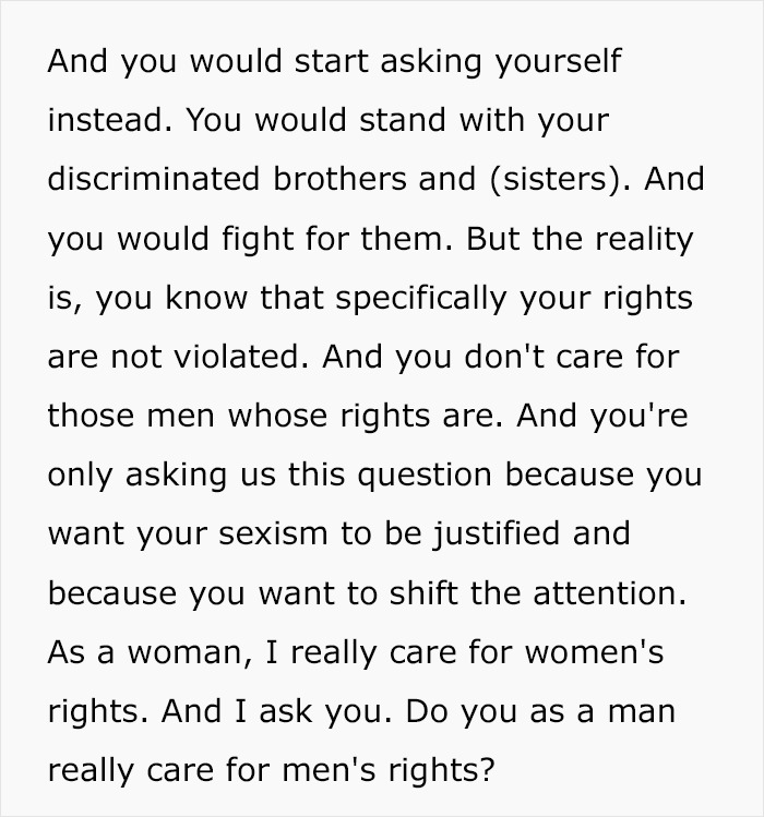 Woman Gives A Perfect Example On How To Respond When A Misogynist Asks You 'But What About Men's Rights?'