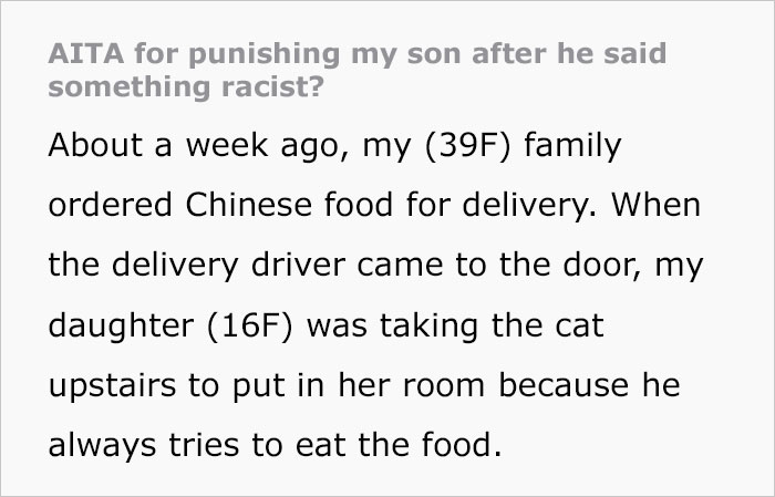Mom Forces Son To Apologize For Racist Joke To Chinese Delivery Guy Who Already Had It Rough, Dad Doesn’t Like The Punishment Mom Forces Son To Apologize For Racist Joke To Chinese Delivery Guy Who Already Had It Rough, Dad Doesn’t Like The Punishment