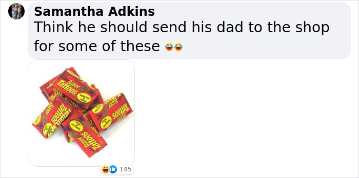 Viral chat from tattoo parlor features candy joke with "my dad says" theme. Viral chat from tattoo parlor features candy joke with "my dad says" theme.
