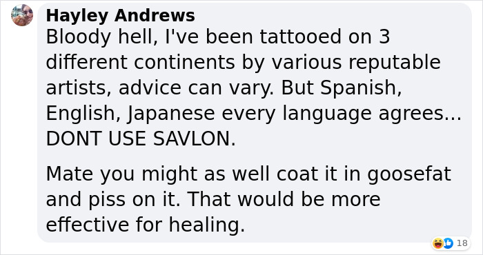 Tattoo parlor chat screenshot about healing advice not to use Savlon.