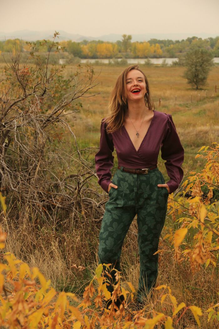 The Completed Look- A Men’s Button Down I Refashioned To A Wrap Top And A Pair Of Pants I Made From A Bedsheet