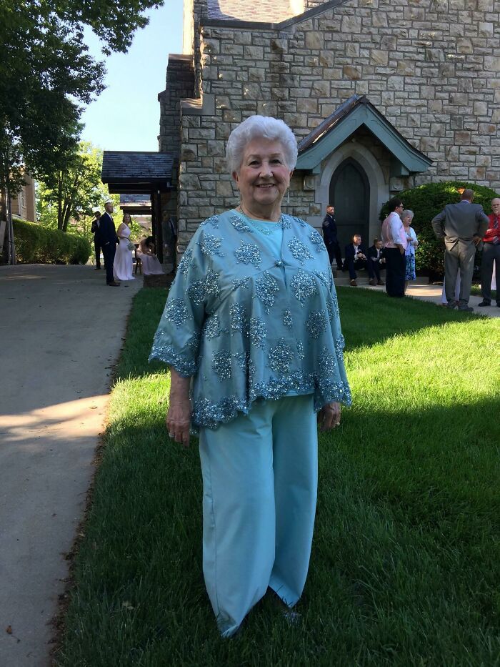 My Sweet Little Mama In The Outfit I Made Her For My Niece’s Wedding. I Was Terrified To Cut Into The Beaded Lace...i Picked Out Beads For Hours, And Restitched Beads Back In Along The Seams. A Tedious Process, But Really Loved The Handwork. She Looked Great, And Was Comfy All Day