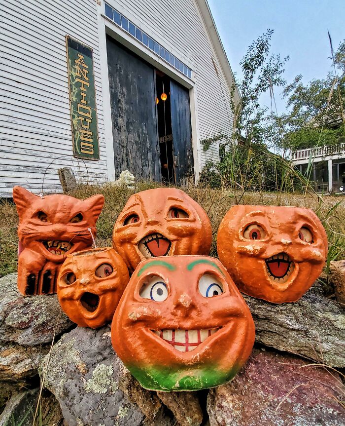 My Haul Of 1940s Papier Mache Halloween Jack-O-Lantern Pumpkin Candy Buckets.