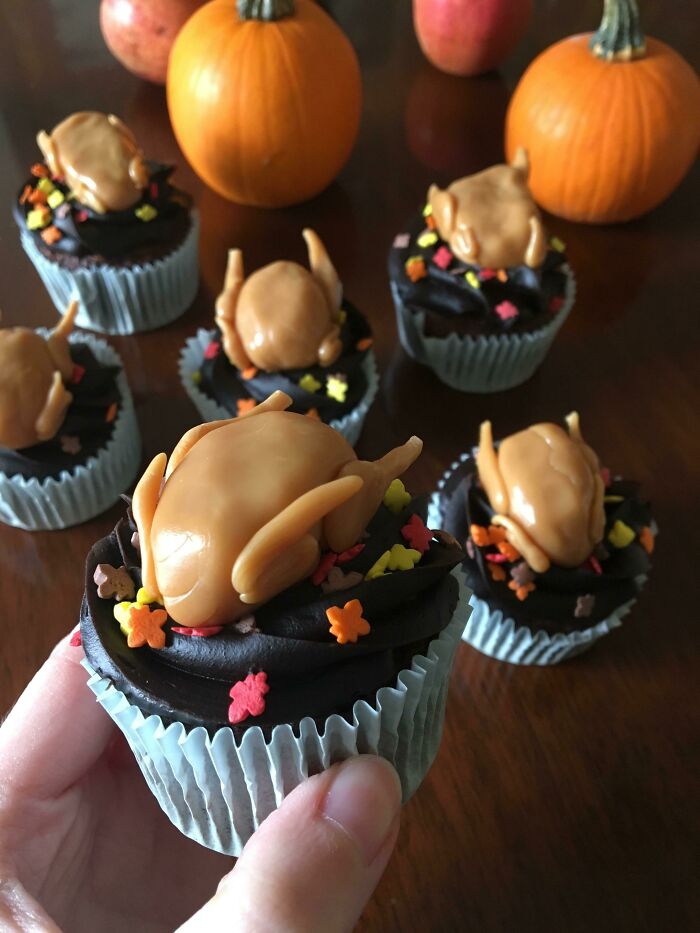 Homemade Chocolate Cupcakes With Caramel Turkeys
