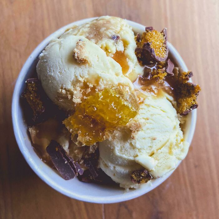 Homemade Bee’s Knees Ice Cream- Honey Graham Flavored Ice Cream With A Bit O’ Honey Swirl, Honeycomb Candy, Graham Crumble, And Salted Honeycomb.