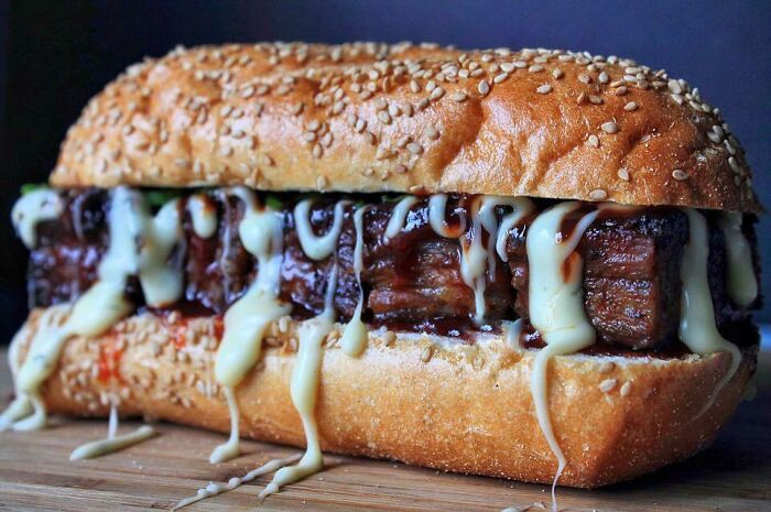 Homemade Hickory Smoked Wagyu Brisket Burnt End Hoagie With Jalapeño Queso Blanco