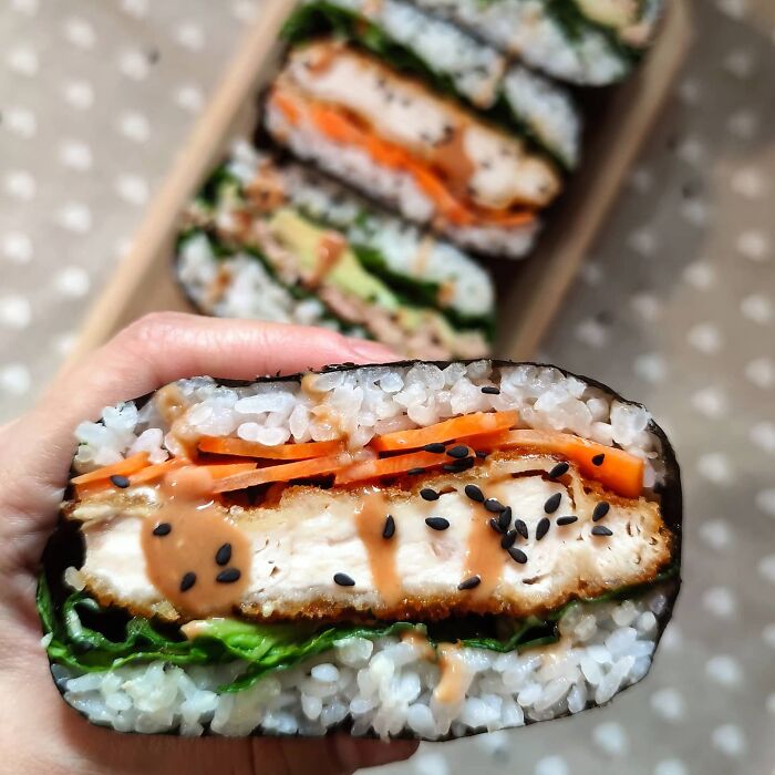 Homemade Onigirazu With Chicken Katsu And Tuna