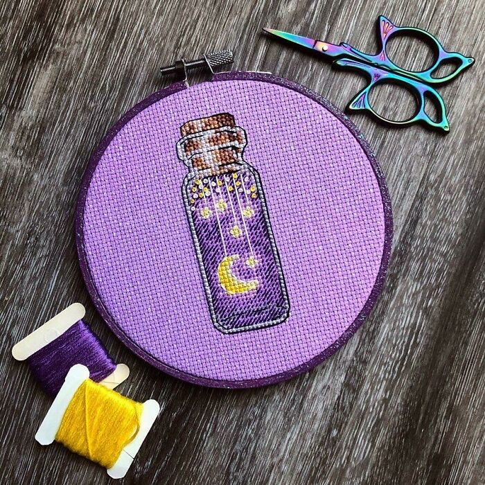 Adorable Moon Jar, With Opalescent Aida That I Dyed Pink And A Glittery Purple Painted Hoop!