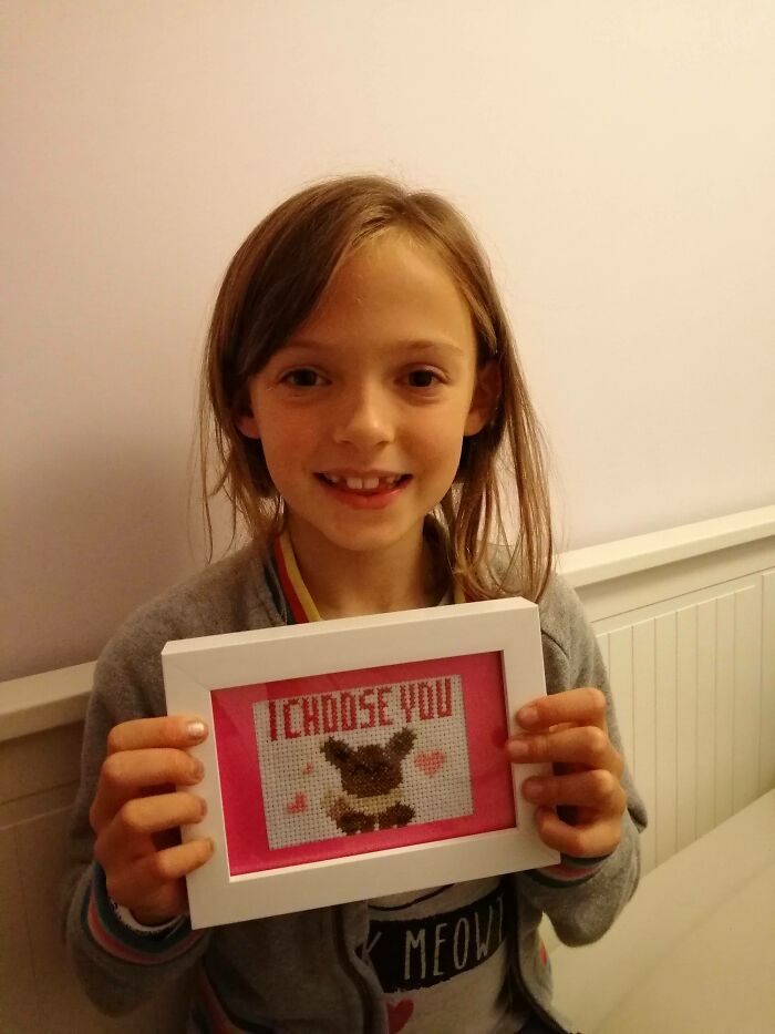 My 8 Year Old Finished Her First Cross Stitch Project And She's So Proud!