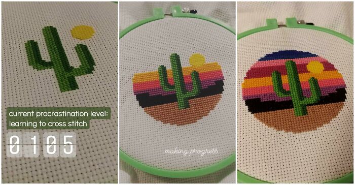With Midterms Stressing Me Out, I Decided To Learn How To Cross Stitch. My First Project!