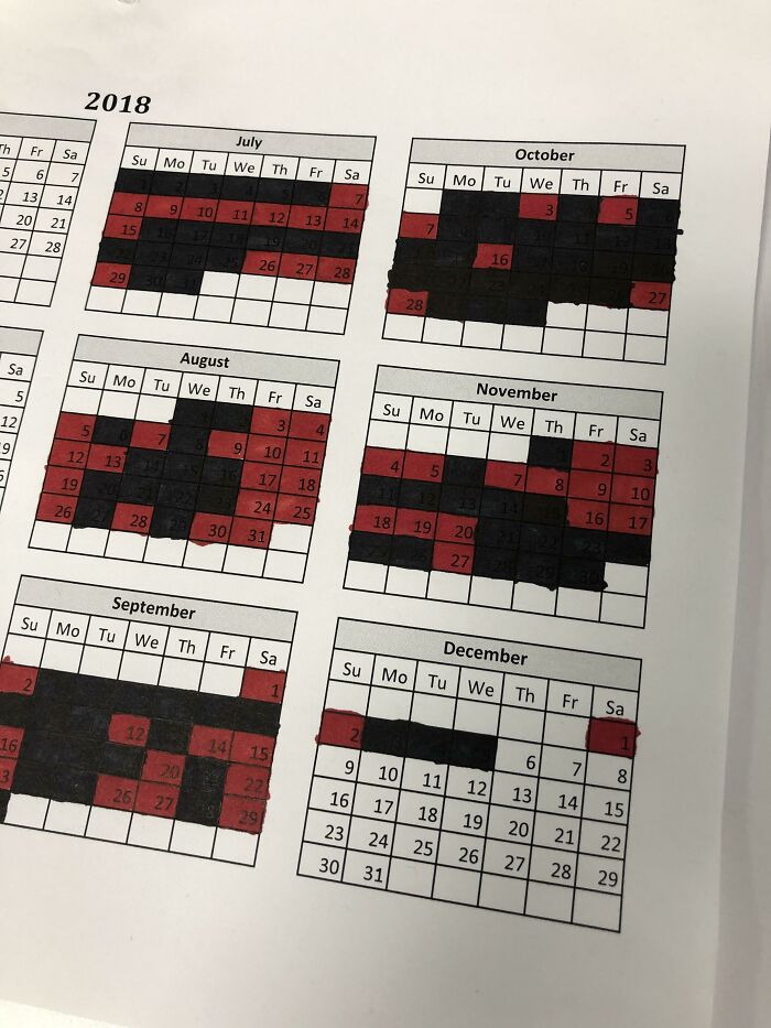 Every Morning When I Get Into Work, I Mark “Black” If I Didn’t Eat Out Yesterday And “Red” If I Did To Track My Eating Out