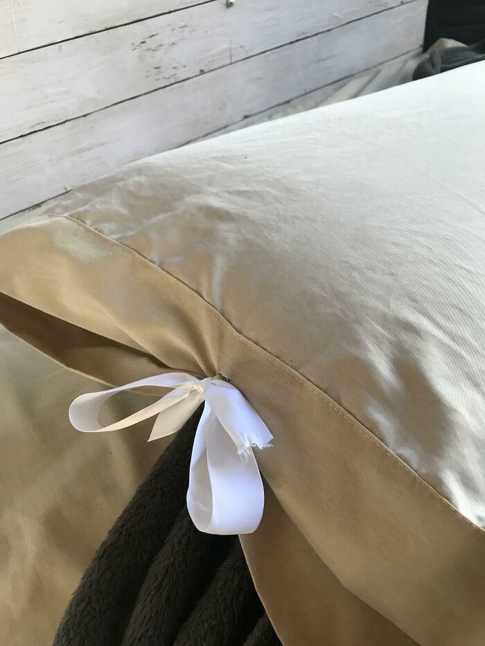 My Pillow Case Kept Sliding Off, Instead Of Buying A New One I Just Made Two Slits And Tied A Ribbon In It To Hold The Case!
