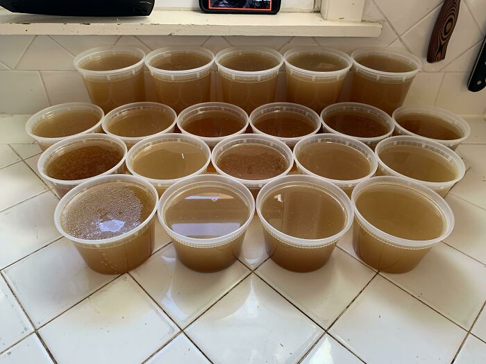 Been Buying Whole Chickens Instead Of Individual Cuts And Whole Veggies Instead Of Precut And Bagged Ones. Saved The Bones/Scraps For 3 Months In The Freezer And Decided To Make Chicken Stock!