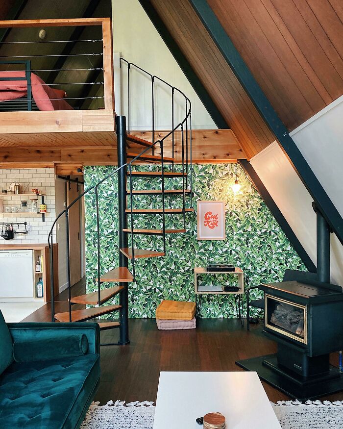 The Inside Of Our Cozy A-Frame Cabin