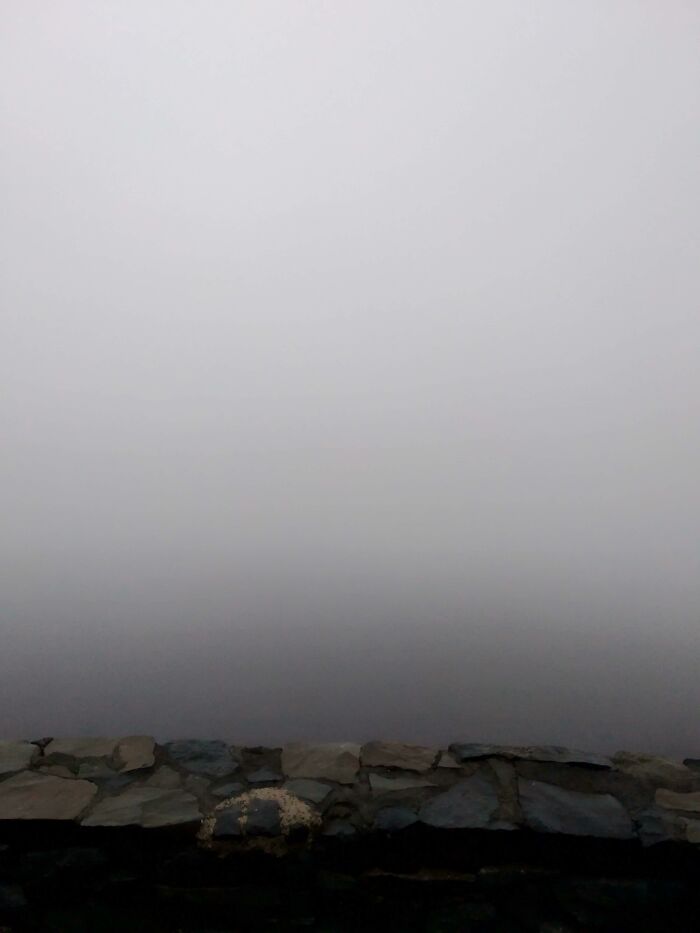 Thick fog obscuring landscape beyond stone wall, a nature scene that might make people go well that s***s.
