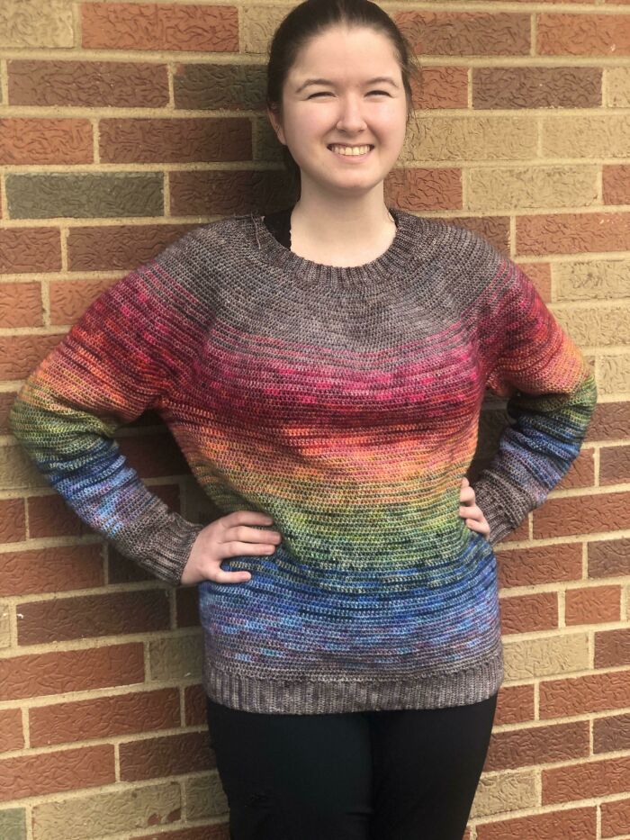 Over 2000 Yards, 12 Colors, 7 Months, And Over 50 Hours Of Working Time Later, I Have The Rainbow Sweater Of My Dreams!