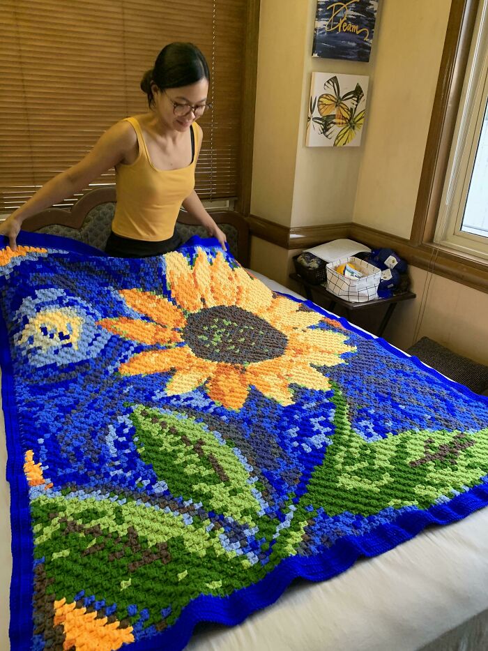 Sharing My Vincent Van Gogh ”sunflower Starry Night” Inspired C2c Blanket I Just Finished