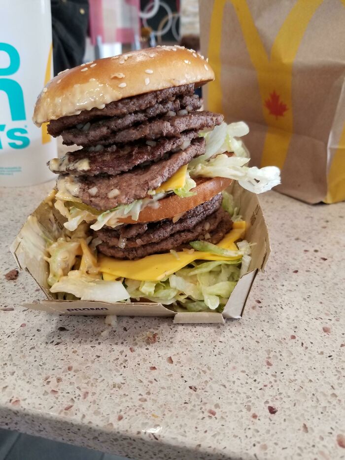 Ordered A Double Big Mac Last Year. Used The Self Service Machine And Added As Many Patties As It Would Let Me. I Can't Remember What The Number Was But This Was The Outcome