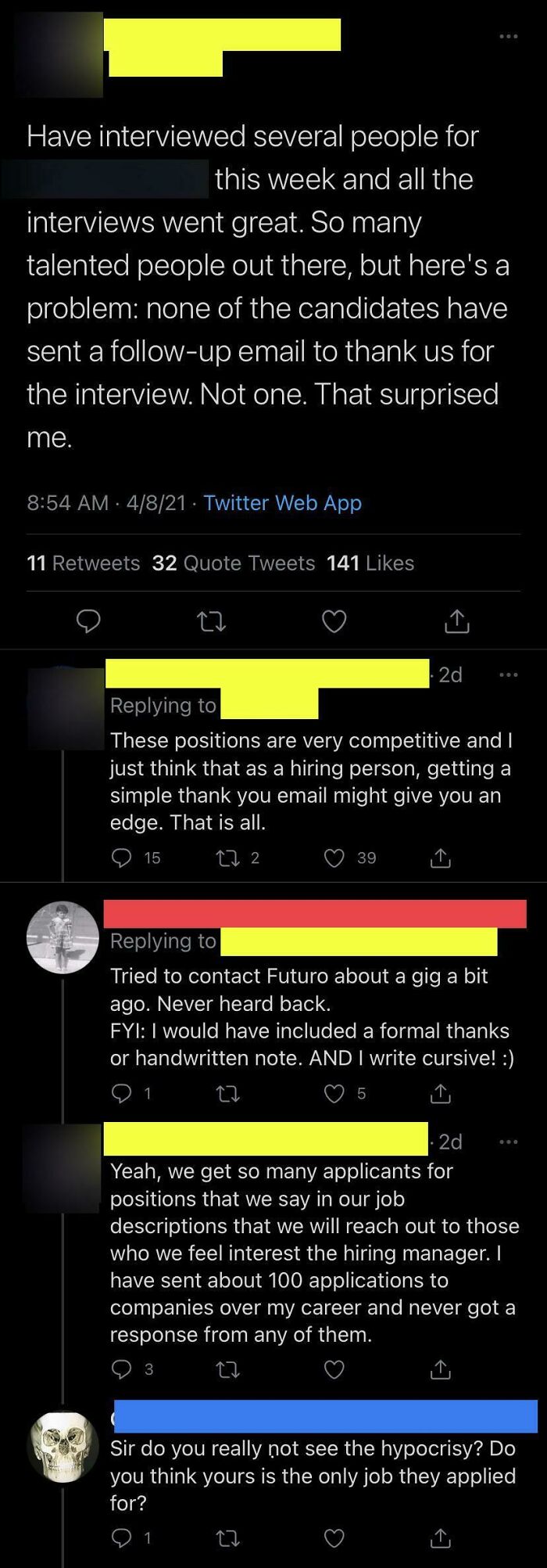 Manager Is Disappointed None Of The Talented Job Interviewees Have Sent A Thank You Email For The Interview