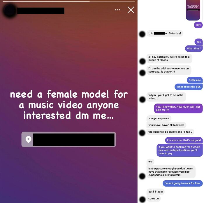 Self Proclaimed ‘Up And Coming’ Rapper Wants My Friend To Model In A Music Video For Free