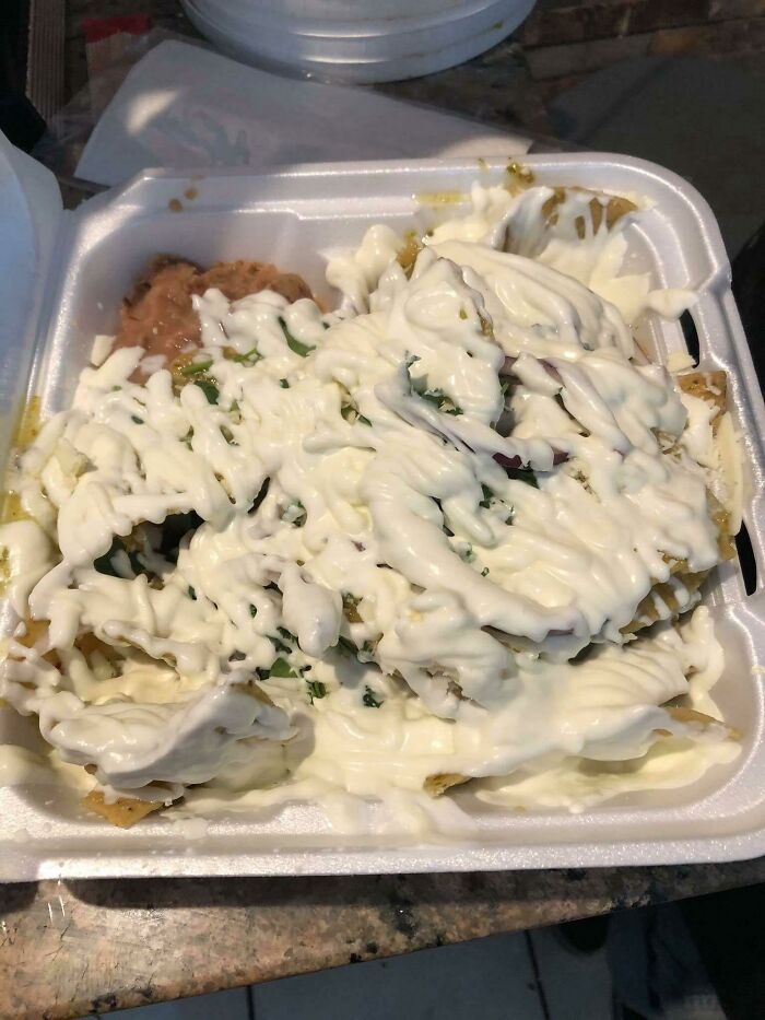 Customer Asked For Extra Cream On Their Chilaquiles.... My Co-Worker Complied (?)