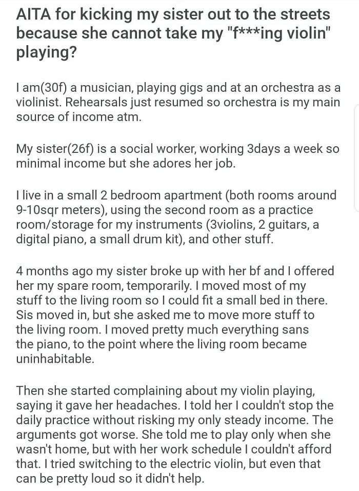 Sister Wants To Squat In Op's Spare Room But Demands That She Stop Practicing Violin That She Plays For Her Job