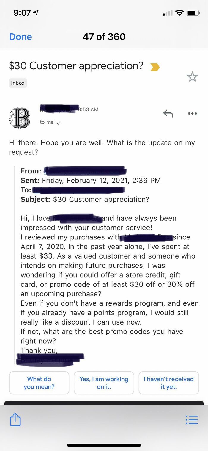 She Wants $30 For Spending $33 With Us