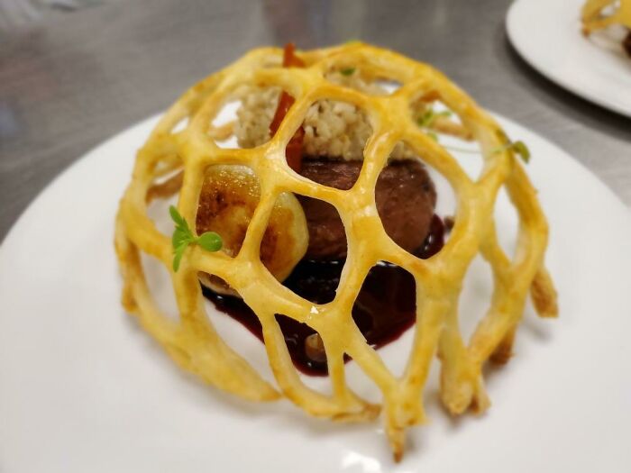 Reconstructed Beef Wellington. Sous Vide Tenderloin. Mushroom Puff Cage. Port Reduction. Lion’s Mane Duxelles. Serrano