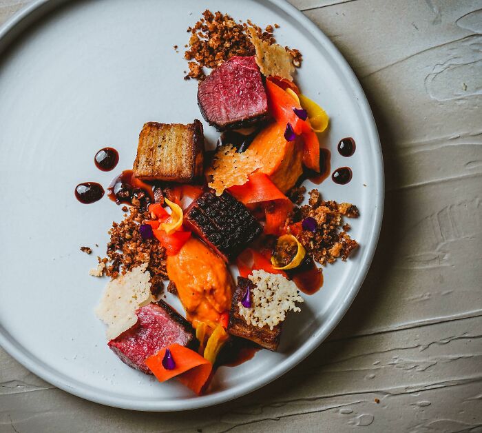 Duck Breast, Squash Purée, Pickled Carrots And Golden Beets, Parmesan Frico, Garlic Bread Crumbs