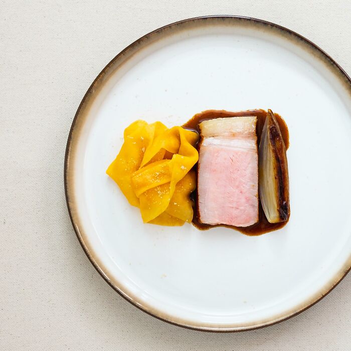 Dry Aged Pork, Rutabaga, Caramelized Onion, (Perch) Bottarga