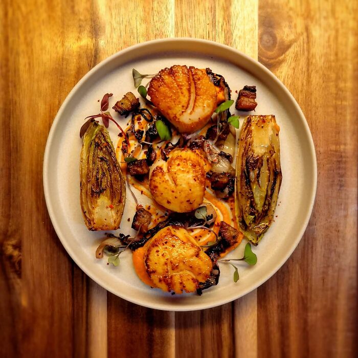 Scallops With Charred Endive, Raddichio, Crispy Pancetta, And Sweet Potato Puree