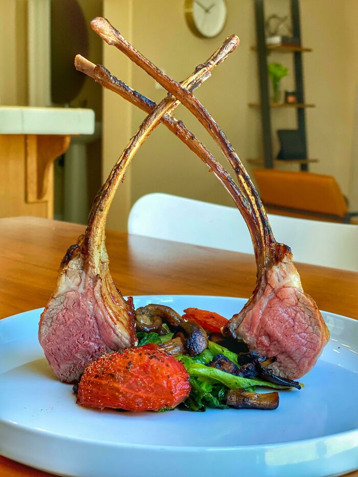 Sous Vide Rack Of Lamb With Black Truffe, Miso Roasted Shiitake Mushrooms, Butter Braised Gem Lettuce, And Tomato Confit