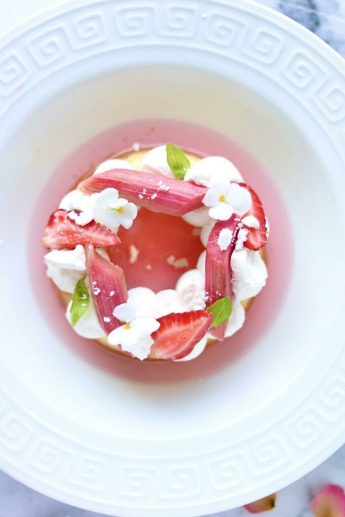 Strawberry-Rhubarb Revani (Turkish Semolina Cake In Syrup)