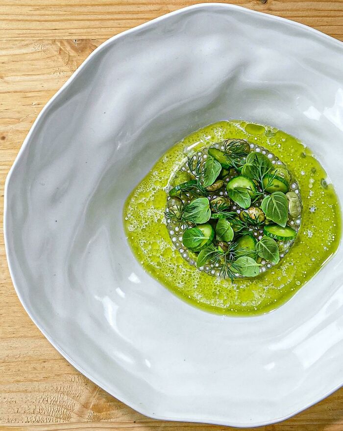 Cucuber Curry With Pistachio, Avocado And Thai Basilikum.