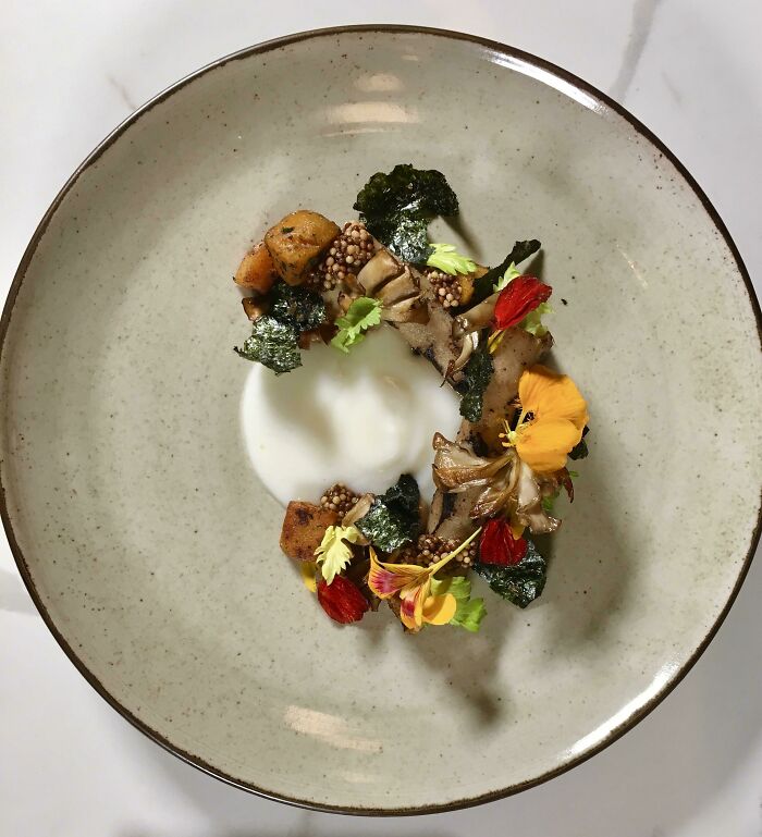 Burdock Root, Hen-Of-The-Woods, Acorn Squash, Cauliflower Coulis, Pickled Perilla Seed, Nori