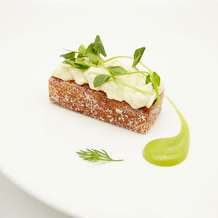 Modern Fish & Chips // Confit Potato Chip, Vinegar Powder, Cod Mousse, Pea Purée