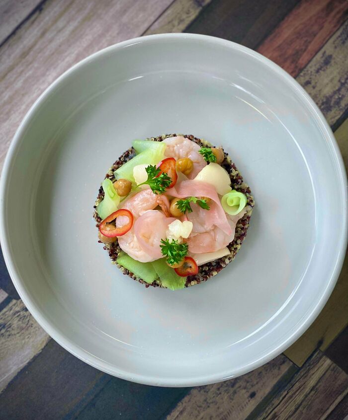 Lychee Ceviche. Shrimp, Lychee, Chic Peas, Cucumber Ribbons, And Pickled Peppers Over A Ginger Lime Quinoa